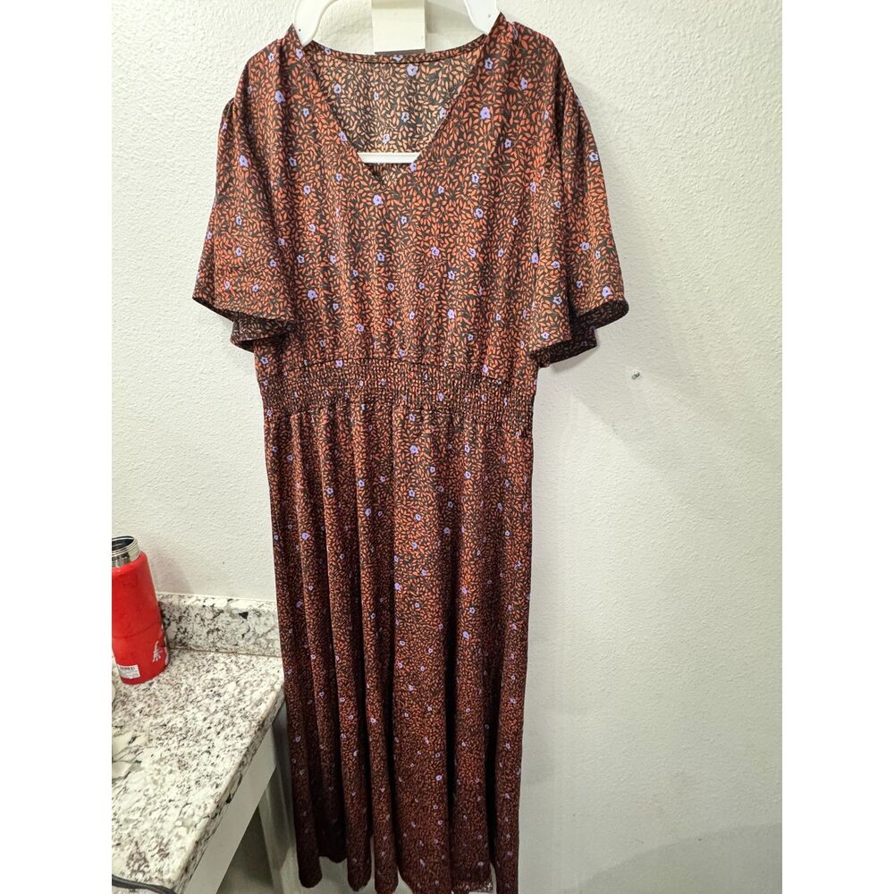 Women's Brown Floral Smocked Waist Midi Dress Size Large (10-12) Boho